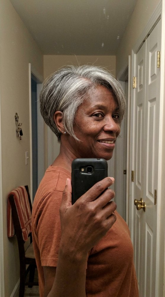 Gray hair — short, pixie, sleek, smooth, sleek, soft