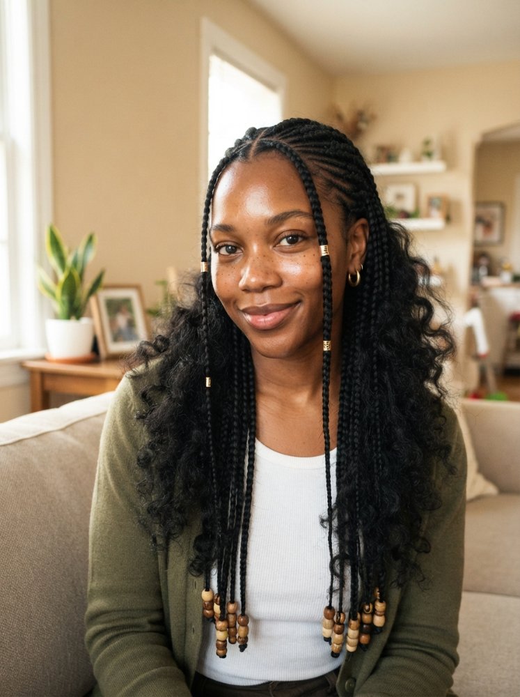 The hair is styled in long, thick braids that fall down to the mid-chest area.
