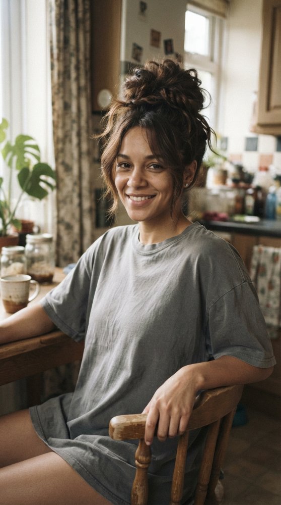 Brown hair with darker roots and lighter ends in messy bun