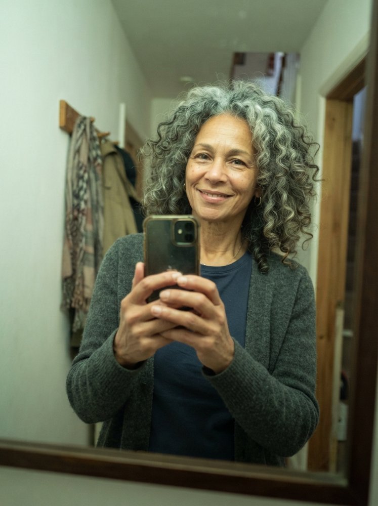 Blonde, Gray shoulder-length, wavy, curly, natural