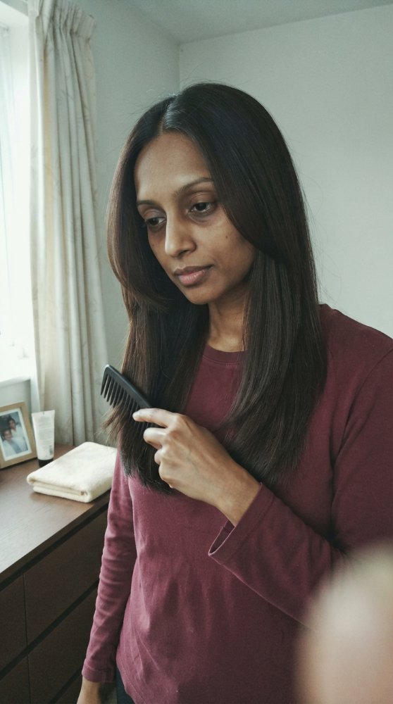 Dark brown straight mid-length hair with smooth finish
