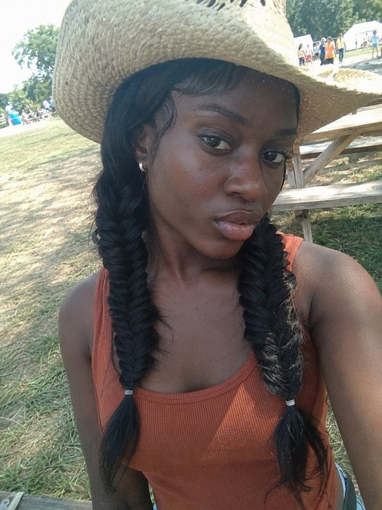 The hair visible is dark brown/black in color, with a smooth texture, and styled in two long French braids that fall down the back and over the shoulders. The braids appear to be tightly woven and have a sleek, shiny finish, with dimensional color, and discernible cut style, layers, curls or face-framing elements. There is also visible soft regrowth blending