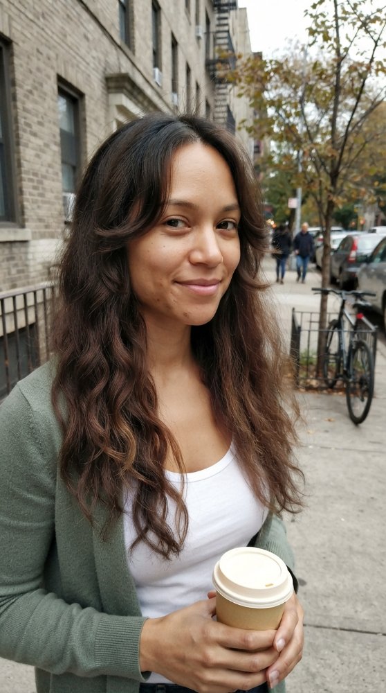 long, wavy, and dark brown in color with subtle lighter brown highlights, particularly noticeable towards the ends