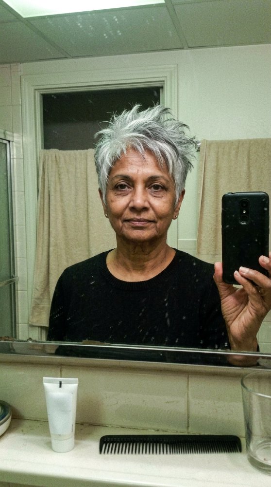 Gray hair — short, choppy, textured, soft, natural
